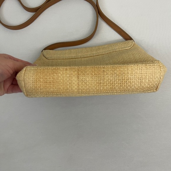 Vintage Fossil Straw Crossbody Bag Purse Floral Embroidered Tan‎ Leather Strap - Picture 4 of 13